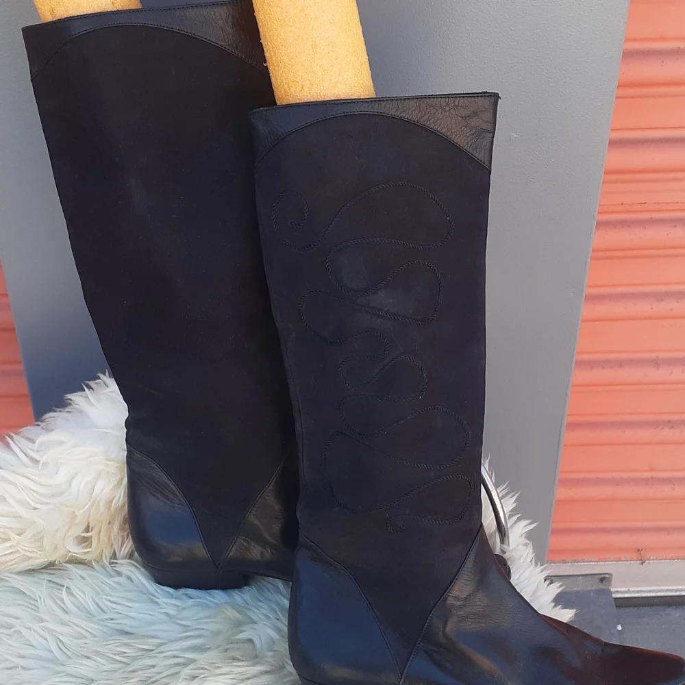 VTG Chantal Knee High Suede Leather Boots Black Size 8 M Italy
